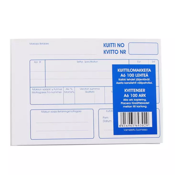 KUITTILOMAKE A6 JÄLJENTÄVÄ - Yleiset konttoritarvikkeet - 9789512387120 - 1