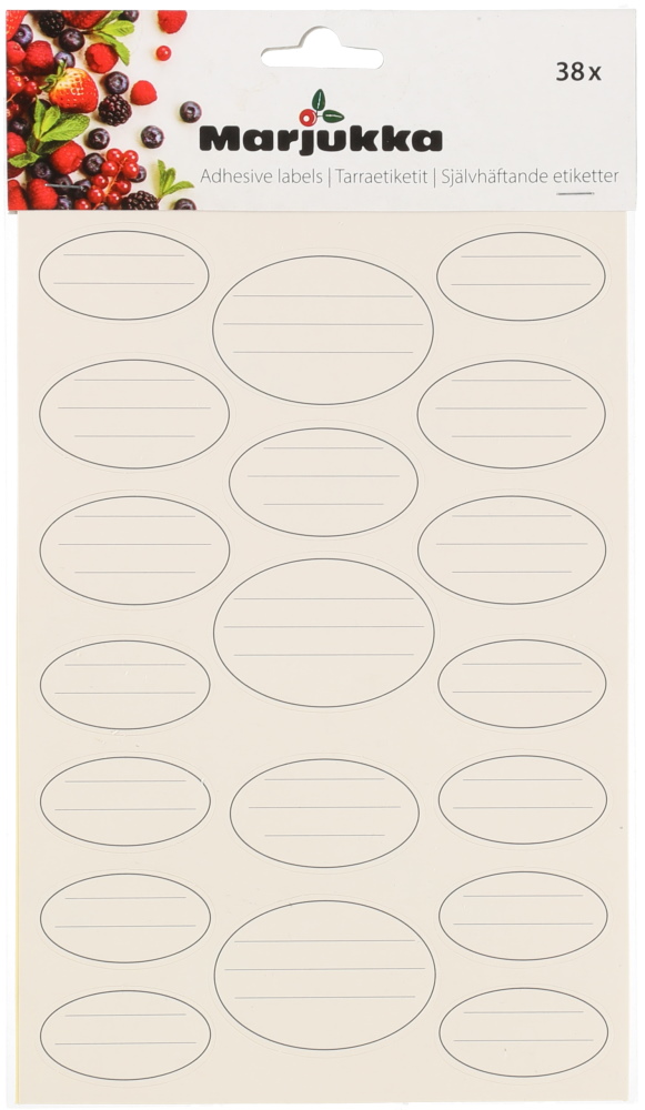 Etikettitarrat esimerkiksi pakasterasioihin, mehupulloihin, purkkeihin=
ja purnukoihin. - Lasipullot, purkit ja säilöntä - 6410413255890 - 1