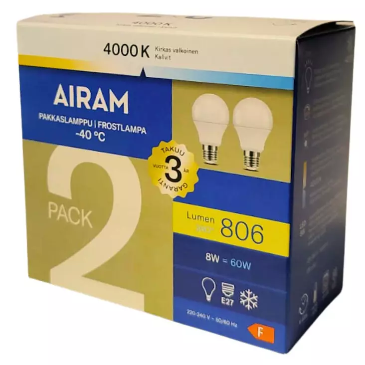 Pakkaslamppu LED E27 8W 806lm 4000K 2kpl/pkt - Lamput E27 kanta - 6435200310910 - 1