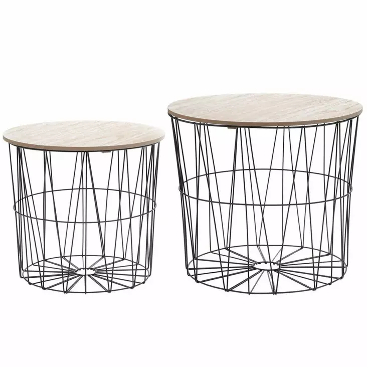 Metallikori pyöreä puukannella musta 2 kpl setti - Sisustuskorit ja puulaatikot - 6410412951052 - 1