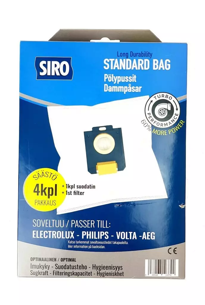 s bag pölypussi sopii mm. electrolux, philips, volta ja aeg imureihin. - Pölypussit ja suodattimet - 6438168103792 - 1