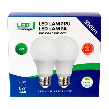 Led lamppu E27 A60 9W 810lm 4000K 2kpl - Lamput E27 kanta - 6418536031193 - 2