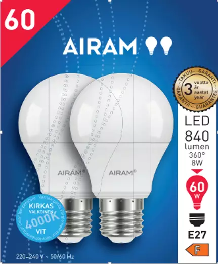 Airam LED 8W/840 E27 840lm 4000K, VAKIO - Lamput E27 kanta - 6435200310873 - 1
