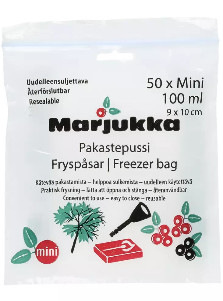 9 x 10 cm. Uudelleensuljettava, pusseissa kirjoitusalue. - Pakastuspussit ja -rasiat - 6410411983023 - 1