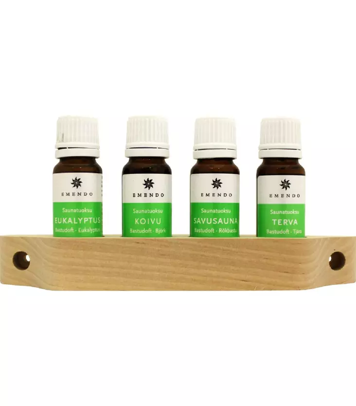 Saunatuoksu 4x10ml puuteline seinälle Emendo - Sauna- ja löylytuoksut - 6417892021053 - 1