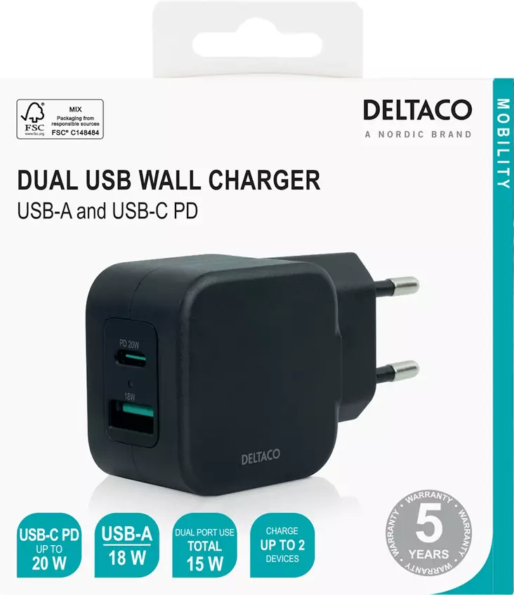 usb-c ja usb-a laturi sein=C3=A4laturi deltaco - Laturit, kaapelit ja varavirtalähteet - 7333048056993 - 1