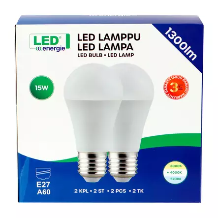 Led lamppu E27 A60 15W 1300lm 4000K 2kpl - Lamput E27 kanta - 6418536029534 - 2