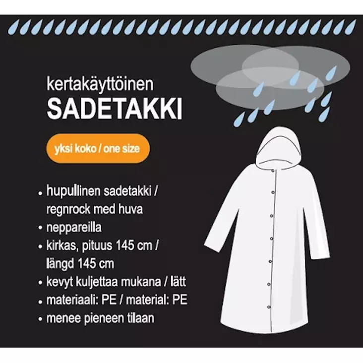Sadetakki hupulla kertakäyttöinen 145cm - Sadevaatteet ja sadevarusteet - 6438159069694 - 1
