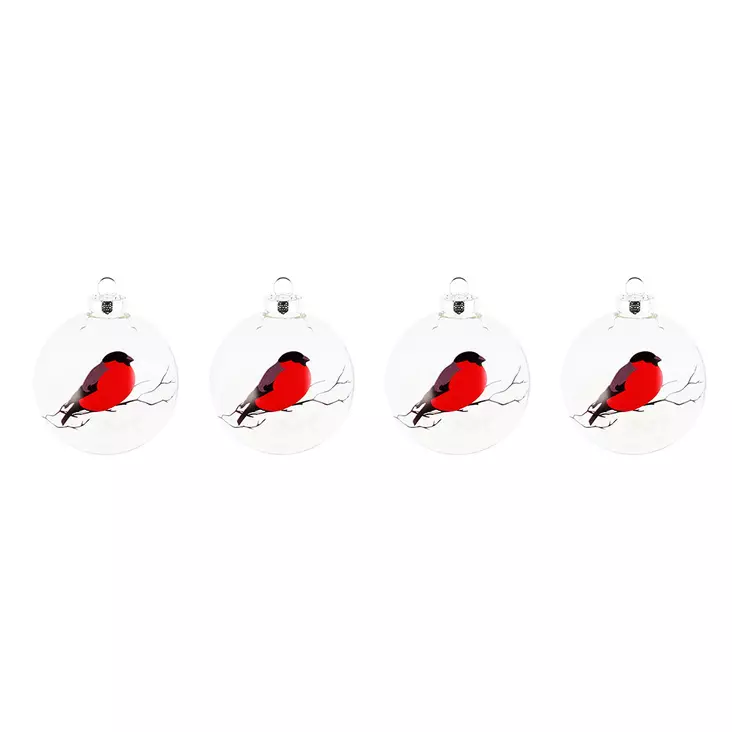 Kuusenpallo lasia 8 cm Punatulkku 4 kpl - Kuusenpallot ja ripustettavat koristeet - 6410416201894 - 1