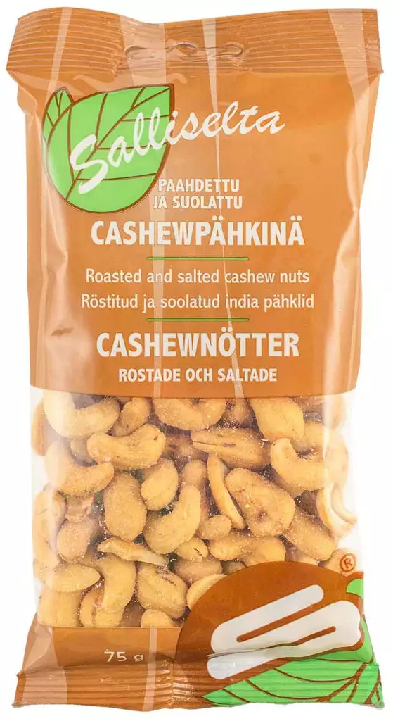Cashewp=C3=A4hkin=C3=A4 75g Paahdettu ja suolattu Sallinen - Pähkinät ja siemenet - 6436501057405 - 1