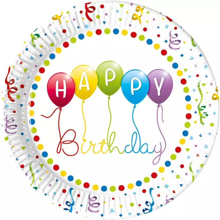 Kertakäyttölautanen Happy Birthday 23cm 8kpl - Kertakäyttölautaset - 5201184934265 - 1