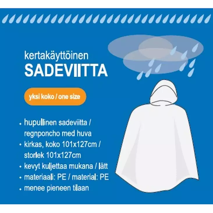 Sadeviitta hupulla kertakäyttöinen 127cm - Sadevaatteet ja sadevarusteet - 6438159696906 - 1