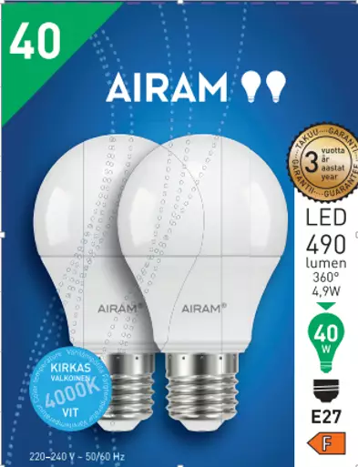 Airam LED 4,9W/840 E27 490lm 4000K, VAKI - Lamput E27 kanta - 6435200310866 - 1