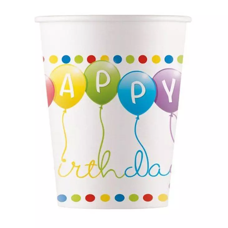 Kertakäyttömuki kartonki Happy Birthday 200ml 8kpl - Kertakäyttömukit ja -lasit - 5201184934616 - 1