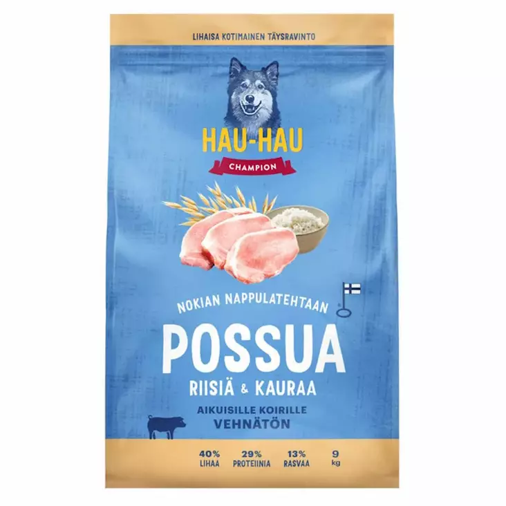 Koiranruoka Hau-Hau Champion Possua riisiä ja kauraa 9 kg kuivaruoka - Koiranruoat ja herkut - 6438554002166 - 1
