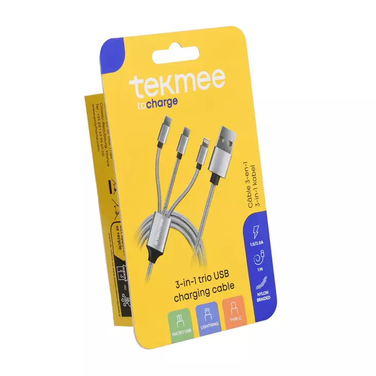 Tekmee latausjohto 1m 3-in-1 - Laturit, kaapelit ja varavirtalähteet - 3661075236236 - 1