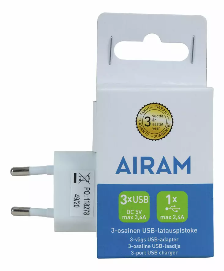 airam virtal=C3=A4hde usb portilla - Laturit, kaapelit ja varavirtalähteet - 6435200259356 - 2