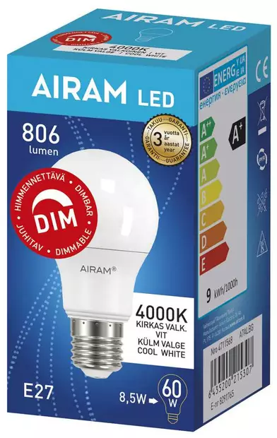 LED LAMPPU HIMMENNETTÄVÄ 8,5W E27 AIRAM OPAALI - Lamput E27 kanta - 6435200215307 - 1