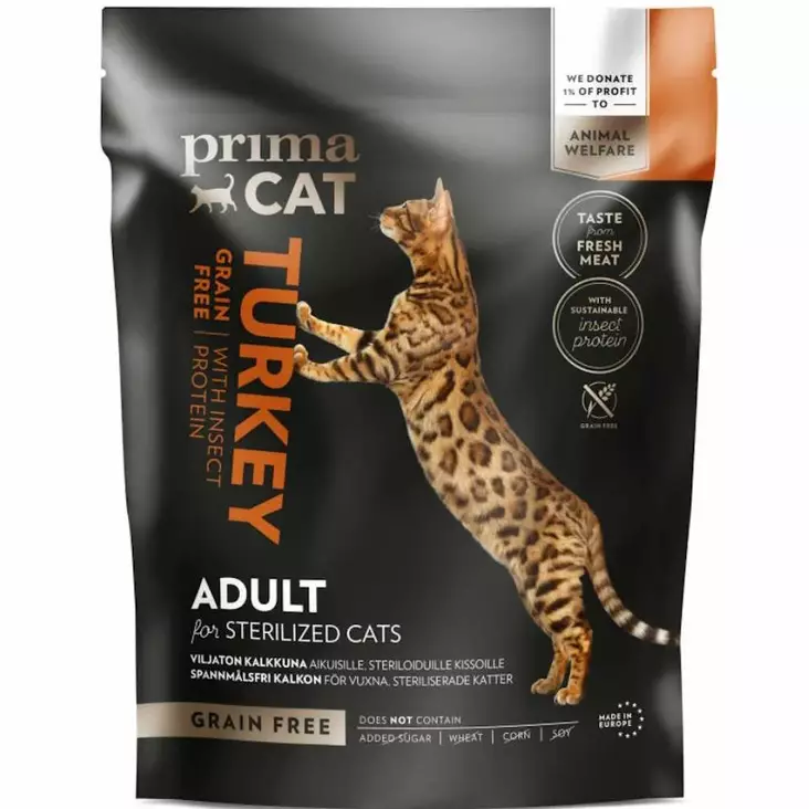 Kissan täysravinto PrimaCat Viljaton Kalkkuna hyönteisproteiinilla 1,4 kg steriloiduille aikuisille - Kissanruoat ja herkut - 6430076892027 - 1