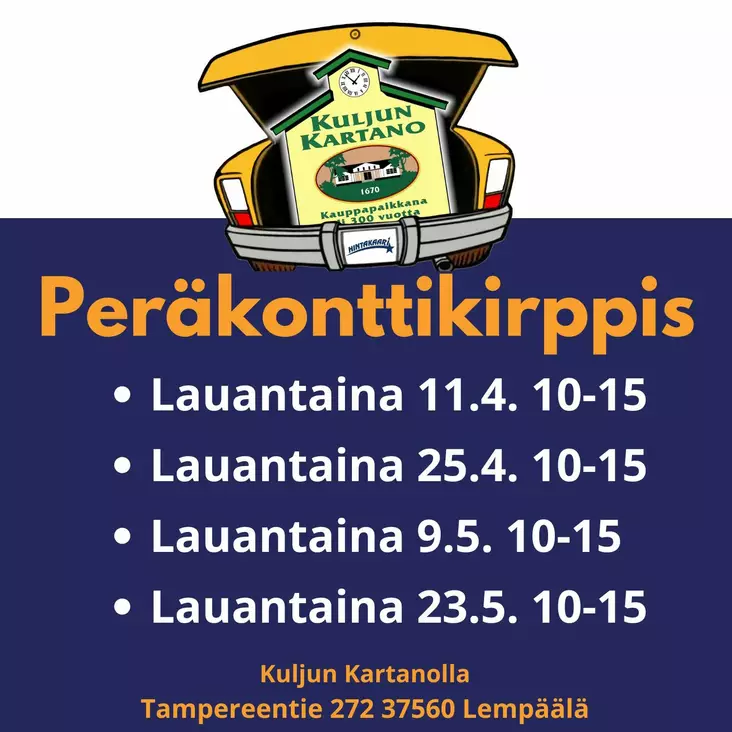 Peräkonttikirppis Kuljun Kartano Lempäälä myyntipaikka 1kpl - Peräkonttikirppis - 834278 - 1