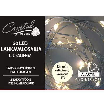 LED LANKAVALOSARJA 20xLED LÄMMIN VALKOINEN - Valosarjat paristokäyttöiset - 6438159129619 - 1