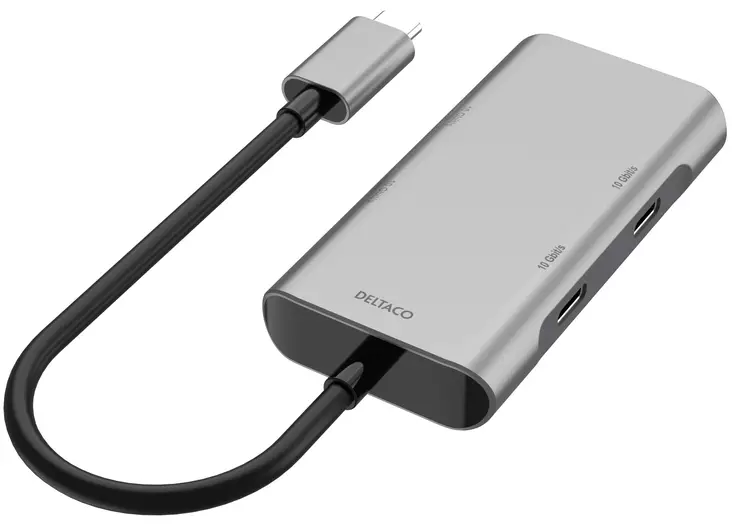 Deltaco USB-hubi, USB-C uros - 2x USB-C naaras ja 2x USB-A naaras, 10Gb/s - Oheislaitekaapelit ja adapterit - 7333048047519 - 1