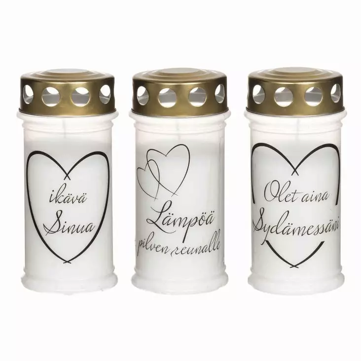 Hautakynttilä tekstillä 65 h lajitelma - Hautakynttilät - 6410413222939 - 1