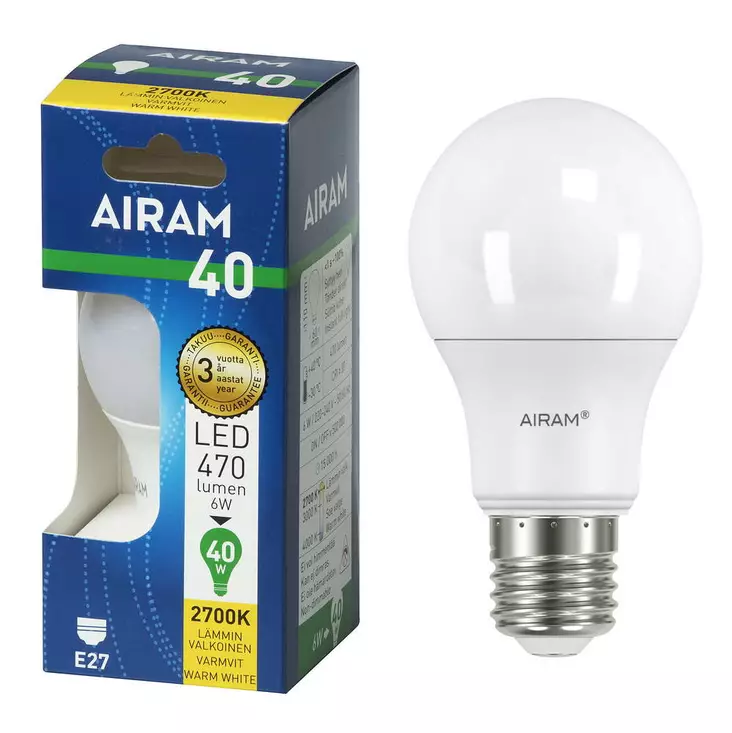 LED 6W E27 470LM AIRAM - Lamput E27 kanta - 6435200242389 - 1