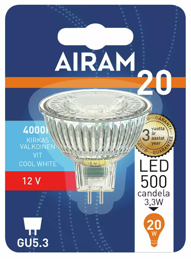 LED LAMPPU 3,3W/840 GU5,3 12V AIRAM - Pistokantalamput - 6435200264619 - 1